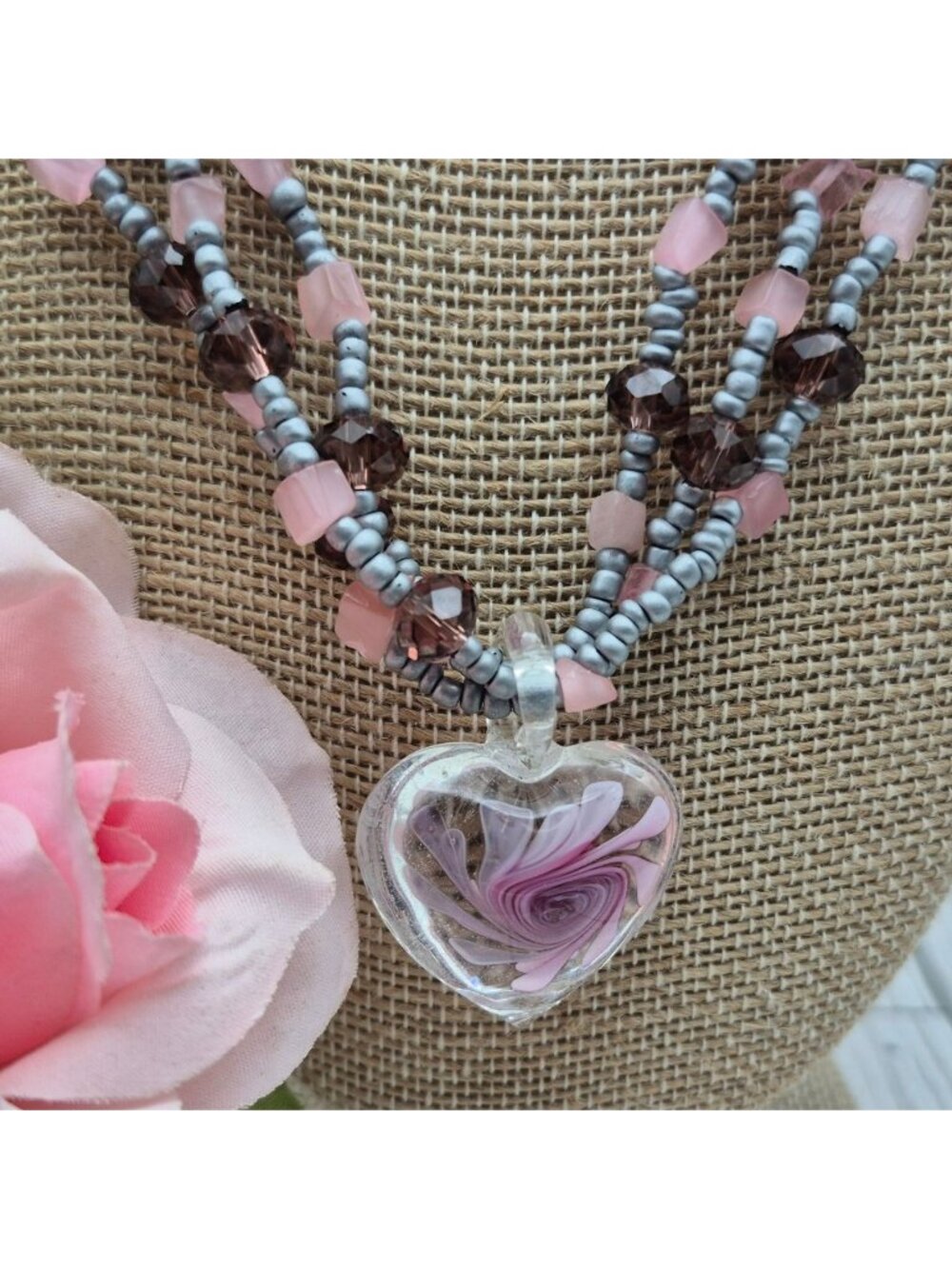 Artisan Silver & Pink Beaded Necklace With Glass Floral Heart Pendant 21" Fairy